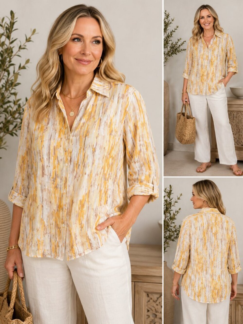 JM Collection 100% Linen Watercolor Print Button Front Top Size 8